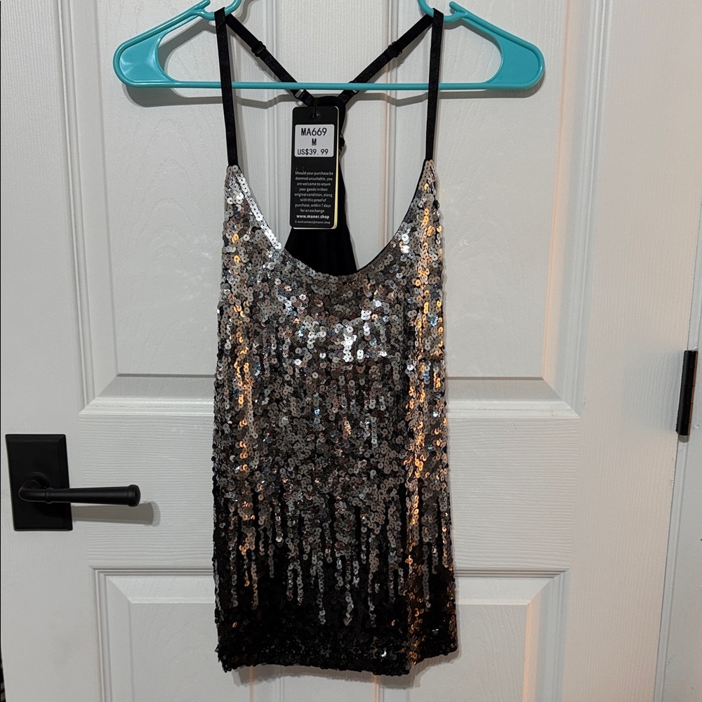 Sequin Ombre Cami Tank Top - Black & Silver
